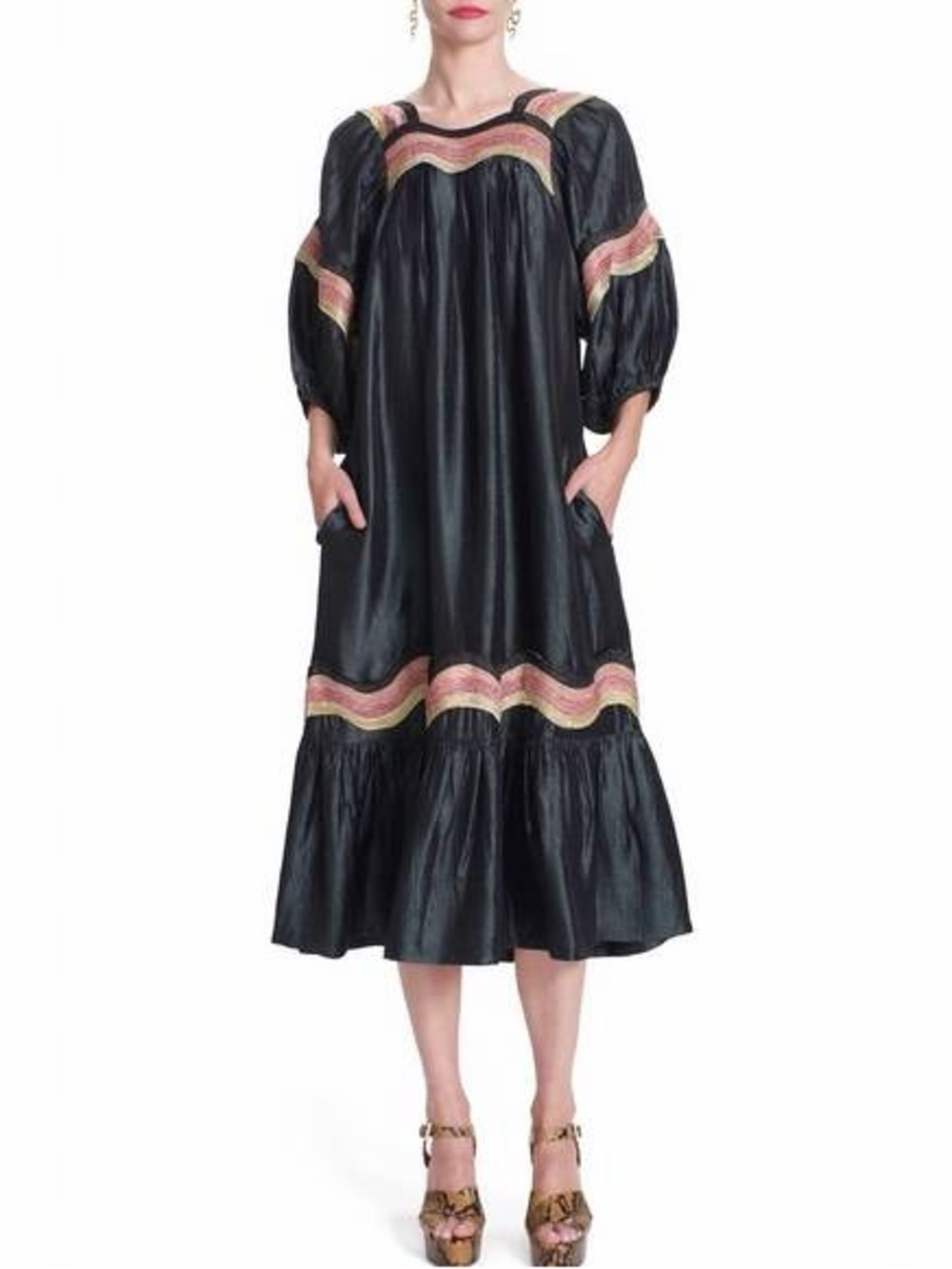 Corey Lynn Calter Black Midi Dress with Pink and Gold Wave Trim
